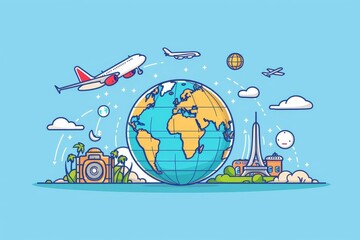 Fototapeta premium Globe with airplane and travel icons, flat design, global tourism, bright colors