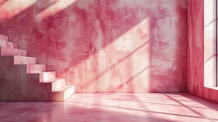 A pink room with a window and stairs.