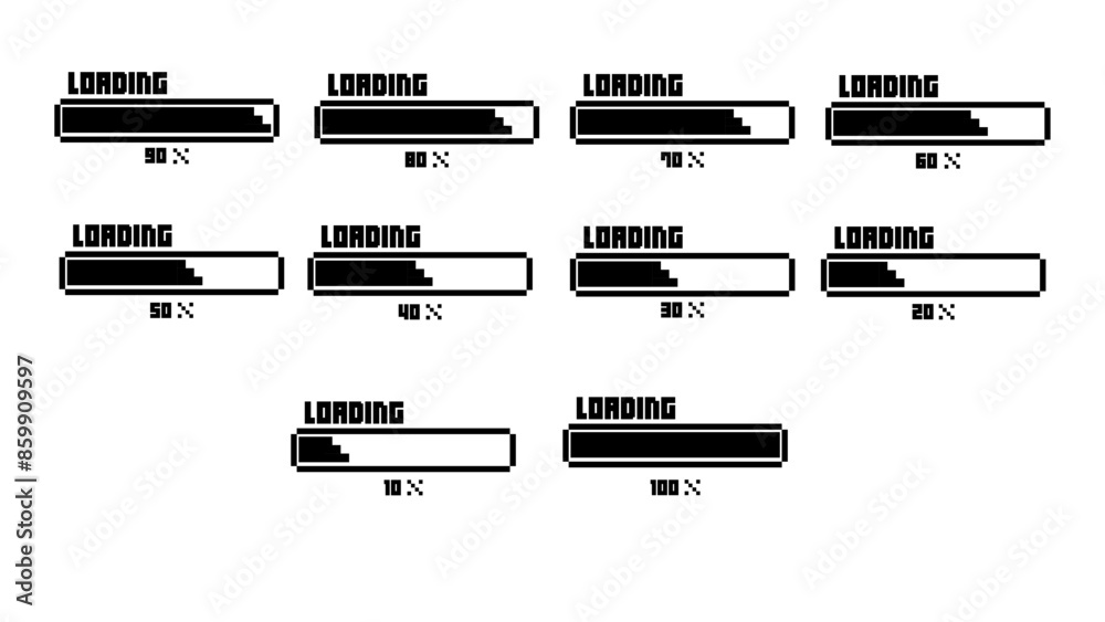 Poster pixel art 8-bit loading bar concept. loading icons set.load bar collection. loading icons on white b