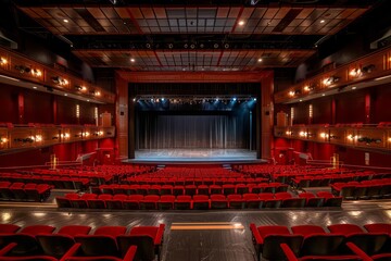 High school auditorium, grand stage, plush seating, dramatic lighting, dark wood and red velvet theme