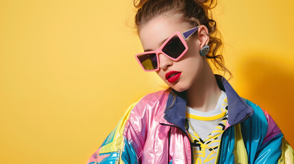 Cool teenager Fashionable DJ girl in colorful trendy jacket and vintage retro sunglasses enjoys style of 80s  90s vibes Teenager Girl at disco party Young fashion model on yellow color : Generative AI