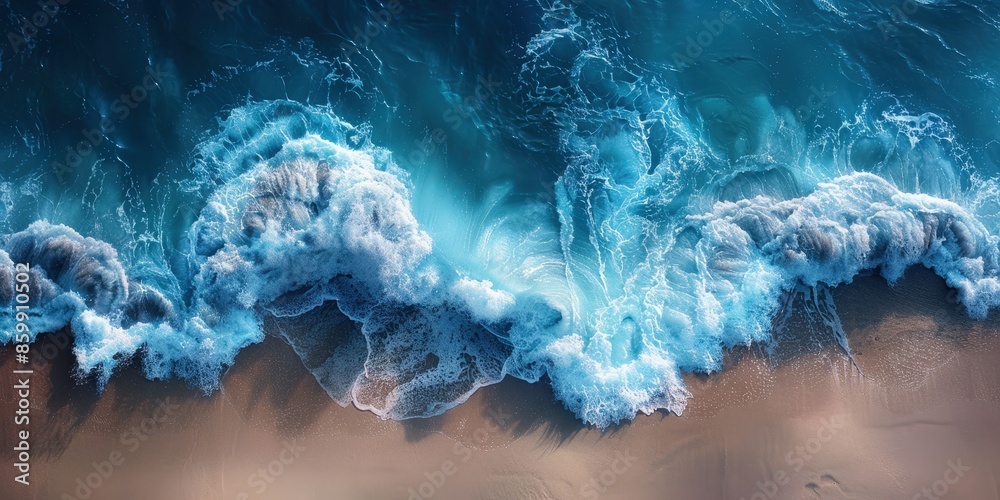 Wall mural aerial view of turquoise waves crashing on a sandy beach - Wall murals