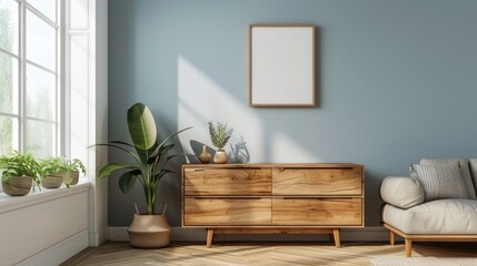 Scandinavian living room with trendy wooden cabinet near sofa and houseplants, parquet flooring, and frame poster on light blue wall. Modern interior design