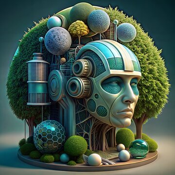 3d illustration of an abstract alien head,a man with a robot face in a forest,an abstract background.fantastic landscape,fantastic planet