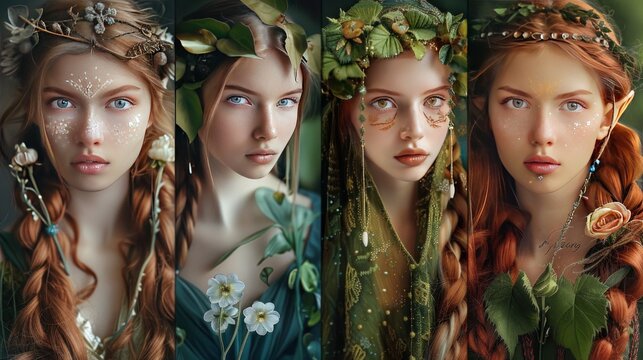 Fototapeta Women elf princess fairy tale beautiful face model collection set Background wallpaper AI generated image