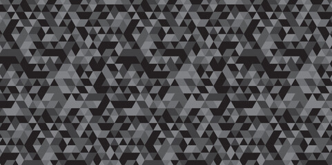 Abstract geometric black and gray background seamless mosaic and low polygon triangle texture wallpaper. Triangle shape retro wall grid pattern geometric ornament tile vector square element.