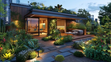 Fototapeta premium Modern rooftop garden oasis with lush greenery, stone pathway, and a cozy living space.