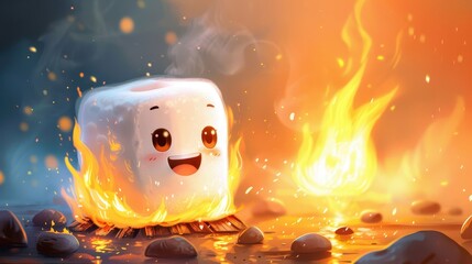 Anime marshmallow character with a joyful expression, roasting over a whimsical flame, white background, illustration background