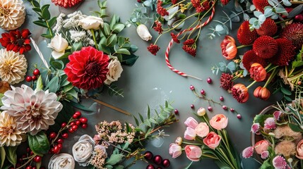 Creative flat lay with floral arrangement for holidays and special occasions