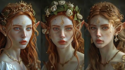 Women elf princess fairy tale beautiful face model collection set Background wallpaper AI generated image