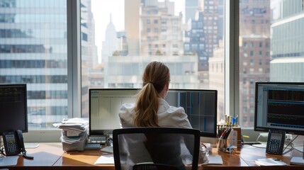Distant view of a female finance employee at a desk in a open-plan modern Manhattan Morgan Stanley office. 