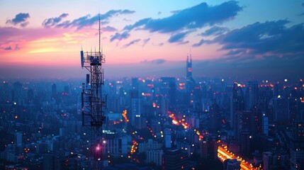 Fototapeta premium Photo realistic magazine image of a telecom base station in a metropolitan city, illustration background