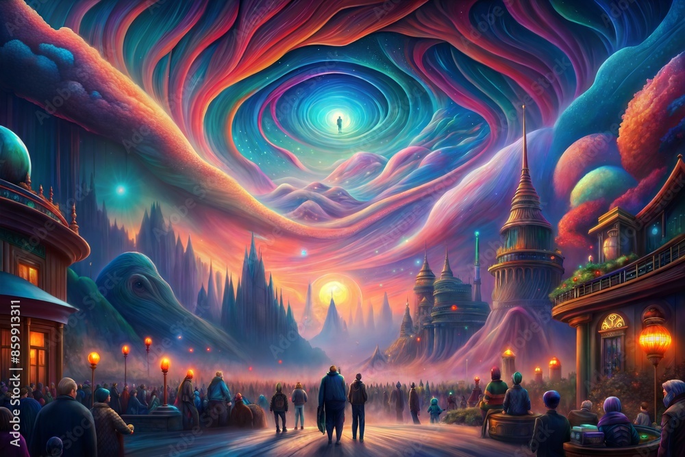 Canvas Prints fantasy city with a colorful neon light.3d rendering
