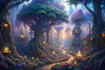 Fototapeta premium fantasy landscape with forest and magic trees.3d illustration.
