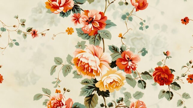 Vintage chintz pattern with colorful, oversized floral designs