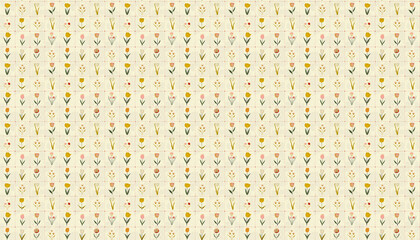 A pattern that features small flowers in squares in pastel colors on cream linen fabric, each square grid contains one tulip from various varieties