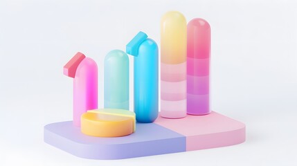 Fototapeta premium lying composition 3d icon, UI icon, a chart icon, bar chart has a rising arrow on it, bar chart, pie chart, a rising arrow, frosted glass, transparent, white background, transparent technology sense