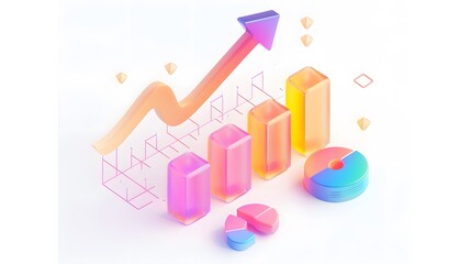 lying composition 3d icon, UI icon, a chart icon, bar chart has a rising arrow on it, bar chart, pie chart, a rising arrow, frosted glass, transparent, white background, transparent technology sense