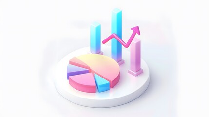 lying composition 3d icon, UI icon, a chart icon, bar chart has a rising arrow on it, bar chart, pie chart, a rising arrow, frosted glass, transparent, white background, transparent technology sense