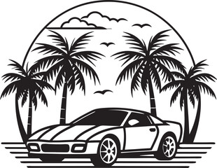 car on the beach with plam tree illustration black and white