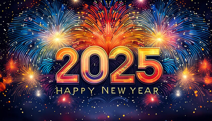 Happy New Year 2025 greeting text with particles and fire sparks on black night sky with colored fireworks background, beautiful typography magic design