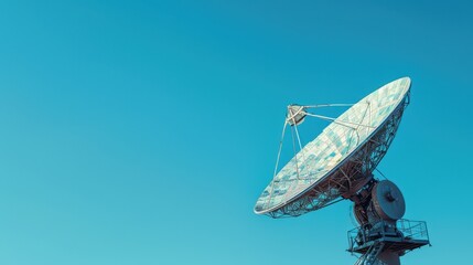 A close-up of a satellite dish, with intricate details and a clear blue sky in the background, illustration background