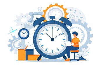 Person delegating tasks with clock, flat design, teamwork in time management, collaborative