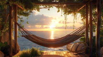 Relaxing in a hammock on a tropical beach at sunset.