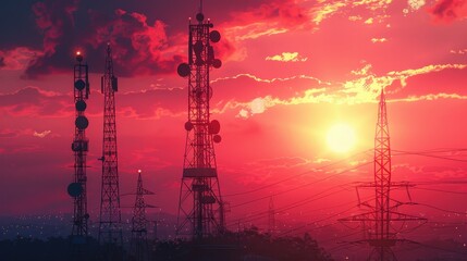 Naklejka premium A high-resolution image of a telecom base station with various antennas and dishes, set against a sunset, illustration background