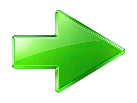 A single, glossy green right arrow isolated on a white background. Generative AI