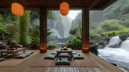 Japanese restaurant, Japanese reception room, interior design, environmental design, the background is the natural scenery of mountains and water in the mist