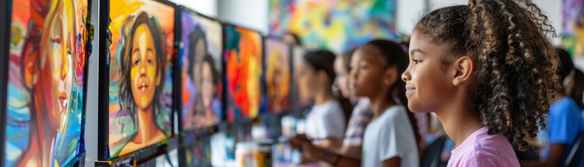 Students painting in an art class with digital canvases, SEO back to school, digital art class