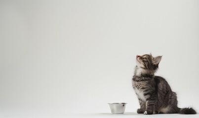 White background, white floor, side view of an California Spangled cat sitting at the edge of the photo on the ground, licking his lips and looking up, minimalist style in front of him there is a cat 