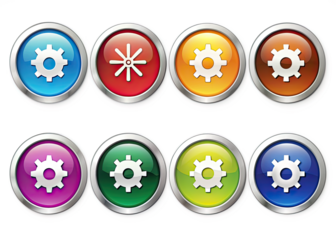 A collection of eight colorful, glossy, round buttons featuring gear settings icons, isolated on a white background. Generative AI