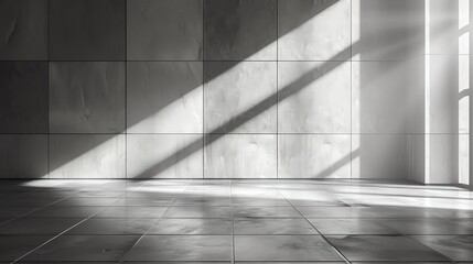 Obraz premium Minimalist interior design with tiled floor and wall, sunbeams streaming through a window.