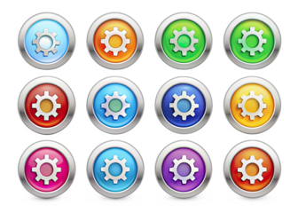 A collection of twelve colorful, circular icons featuring a gear symbol on a white background. The icons have a metallic border and various shades of blue, red, green, yellow, and purple. Generative A
