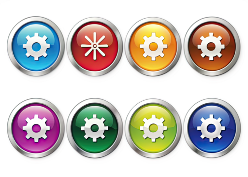 A collection of eight colorful, glossy, round buttons featuring gear settings icons, isolated on a white background. Generative AI