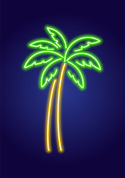 Abstract colorful palm tree, neon glowing illustration. Minimalistic neon glowing line design.