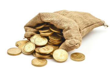 Open burlap sack spilling gold coins, symbolizing wealth and treasure, isolated on a white background.