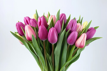 Obraz premium Fresh bouquet of purple tulips, elegantly arranged and isolated on a white background, symbolizing spring.