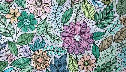 Close up colorful Natural hand drawn pattern design with flora, Generative AI.