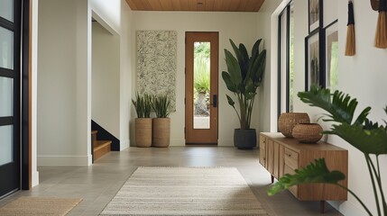 Entryway with nostalgic touches, featuring retro wallpaper and modern accents