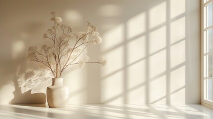 Minimalist interior design with white dried flowers in a vase and soft natural light streaming through the window.
