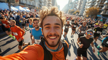 Fototapeta premium Runner selfie marathon city background.