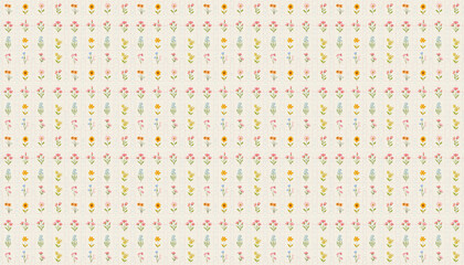 A pattern that features small flowers in grids in pastel colors on ivory linen fabric, each grid contains one flower from various varieties, the grid is pink dotted lines