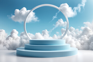  Cloud background podium blue 3d product sky white display platform render abstract stage pastel scene. Podium stand light minimal cloud background studio dreamy pedestal backdrop png smoke geometric.