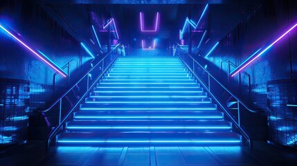 Fototapeta premium Blue neon lights, stairs, and spotlights make up this abstract scene