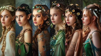 Fototapeta premium Women elf princess fairy tale beautiful face model collection set Background wallpaper AI generated image
