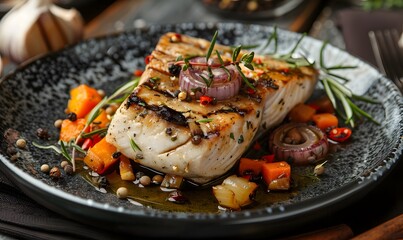 Swordfish with Caramelized Onions and Vegetable, Generative AI