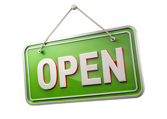 A green, rectangular signboard with the word OPEN in white letters with red outlines. The signboard is hanging from a string and is isolated on a white background. Generative AI